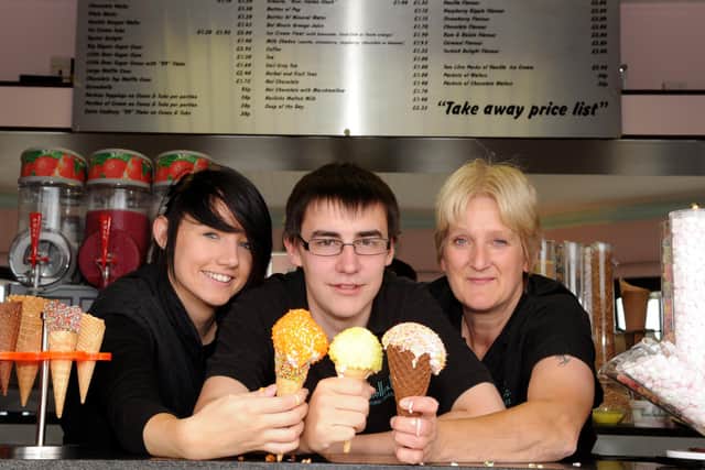 Minchellas Ice Cream Parlour staff, left to right, Jade Little, Daniel Lee, and Anita Mothersdale in 2011.