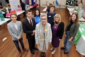 Mayor of South Tyneside Cllr Pat Hay, Mayoress Mrs Jean Copp, and Cllr Adam Ellison, with Young Peoples Parliament's Luke Hall, Rachel Mienie Lizzie Spoors and Elliot Connell, at Bilton Hall Community Trust, Low Simonside, Jarrow.