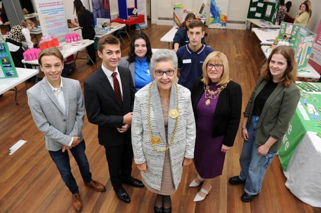 Mayor of South Tyneside Cllr Pat Hay, Mayoress Mrs Jean Copp, and Cllr Adam Ellison, with Young Peoples Parliament's Luke Hall, Rachel Mienie Lizzie Spoors and Elliot Connell, at Bilton Hall Community Trust, Low Simonside, Jarrow.