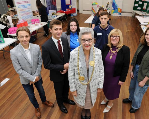Mayor of South Tyneside Cllr Pat Hay, Mayoress Mrs Jean Copp, and Cllr Adam Ellison, with Young Peoples Parliament's Luke Hall, Rachel Mienie Lizzie Spoors and Elliot Connell, at Bilton Hall Community Trust, Low Simonside, Jarrow.