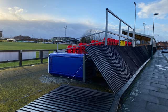 Damage to the stand at Hebburn Town FC's ground following the impact of Storm Arwen.