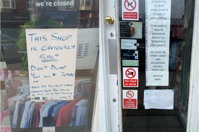 The offending sign in the shop window, pictured by Derek Campbell on the left. On the right, the new sign.