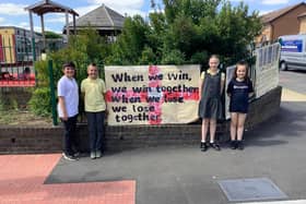 Jarrow Cross C of E Primary School pupils Jay Dykta Robinson, Lennon Appleby, Ella Tuthill and Sophia Langley with the posters.