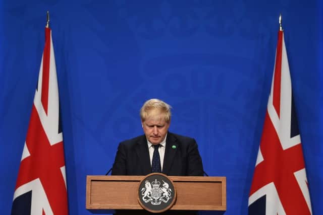 Prime Minister Boris Johnson speaks during a news conference after outlining plans to raise taxes to pay for reforms to the social care system and the recovery of the NHS. Picture: Toby Melville-WPA Pool/Getty Images.