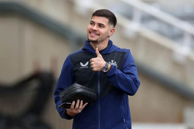 Bruno Guimaraes of Newcastle United arrives at the stadium prior to the Premier League match between Newcastle United and Brighton & Hove Albion at St. James Park on March 05, 2022 in Newcastle upon Tyne, England. (Photo by Ian MacNicol/Getty Images)