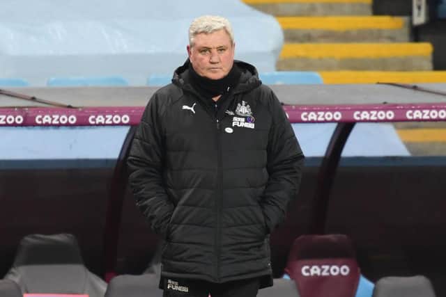 BIRMINGHAM, ENGLAND - JANUARY 23: Steve Bruce, Manager of Newcastle United looks on during the Premier League match between Aston Villa and Newcastle United at Villa Park on January 23, 2021 in Birmingham, England. Sporting stadiums around England remain under strict restrictions due to the Coronavirus Pandemic as Government social distancing laws prohibit fans inside venues resulting in games being played behind closed doors. (Photo by Clive Mason/Getty Images)