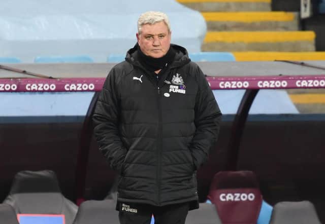 BIRMINGHAM, ENGLAND - JANUARY 23: Steve Bruce, Manager of Newcastle United looks on during the Premier League match between Aston Villa and Newcastle United at Villa Park on January 23, 2021 in Birmingham, England. Sporting stadiums around England remain under strict restrictions due to the Coronavirus Pandemic as Government social distancing laws prohibit fans inside venues resulting in games being played behind closed doors. (Photo by Clive Mason/Getty Images)