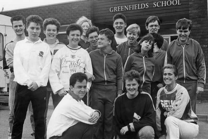 South Tyneside College fun run organisers and runners with pupils from Greenfields School in Hebburn. Can you tell us more about this 1989 scene?