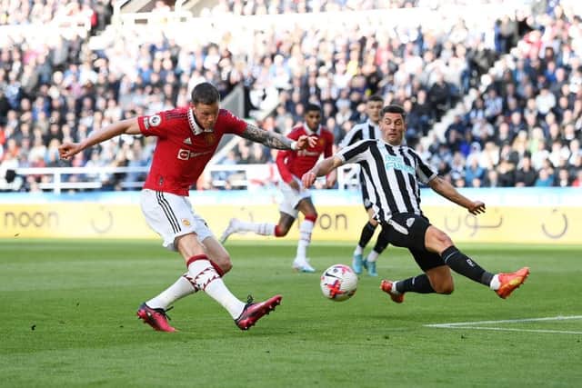 Wout Weghorst of Manchester United shoots during the Premier League match between Newcastle United and Manchester United at St. James Park on April 02, 2023 in Newcastle upon Tyne, England. (Photo by Stu Forster/Getty Images)