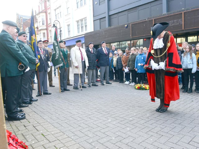 South Tyneside Mayor Pat Hay pays leads minutes silence for the Anzac Day service at the John Simpson Kirkpatrick memorial statue.