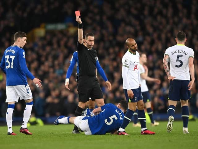 Lucas Moura was sent off against Everton on Monday night. (Photo by Stu Forster/Getty Images)