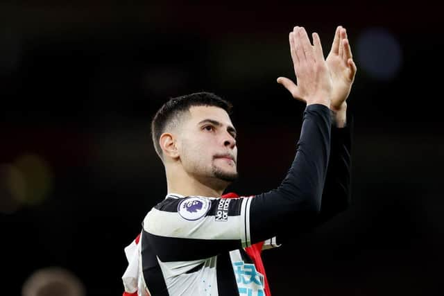 Newcastle United midfielder Bruno Guimaraes applauds fans at the Emirates Stadium last week.