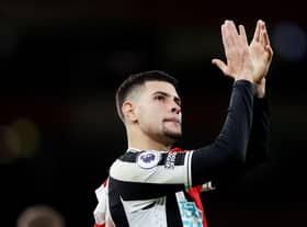 Newcastle United midfielder Bruno Guimaraes applauds fans at the Emirates Stadium last week.