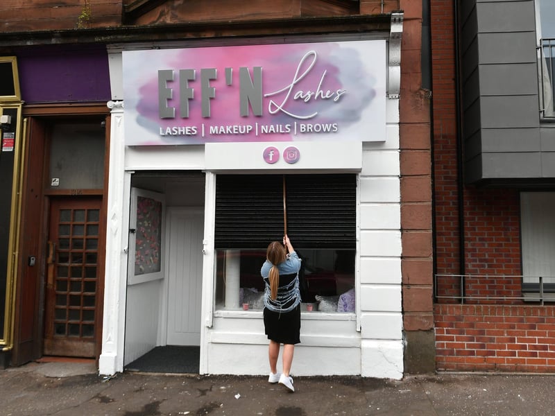 Steffie McGarrell, 26, reopens her business Eff'n Lashes in Gallowgate and welcomes back customers as restrictions ease across the country.