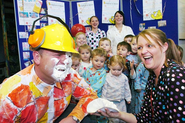 Sean Davison took a custard pie in the face from nursery worker Marie Hunter in 2007 when the Springboard Nursery in Pallion joined in the Children in Need fun 15 years ago.