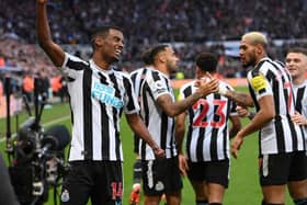 Newcastle United striker Alexander Isak celebrates with team mates after scoring the winning goal during the Premier League match between Newcastle United and Fulham FC at St. James Park on January 15, 2023 in Newcastle upon Tyne, England. (Photo by Stu Forster/Getty Images)
