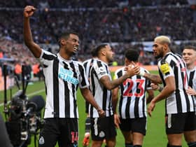 Newcastle United striker Alexander Isak celebrates with team mates after scoring the winning goal during the Premier League match between Newcastle United and Fulham FC at St. James Park on January 15, 2023 in Newcastle upon Tyne, England. (Photo by Stu Forster/Getty Images)