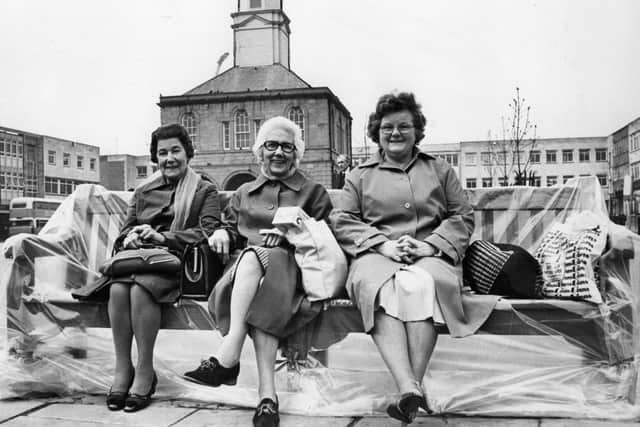 New seating in South Shields Market Place.  Shoppers, May Robson; Norah Mushens and Elsie Henderson from Boldon Colliery have a rest in 1982.