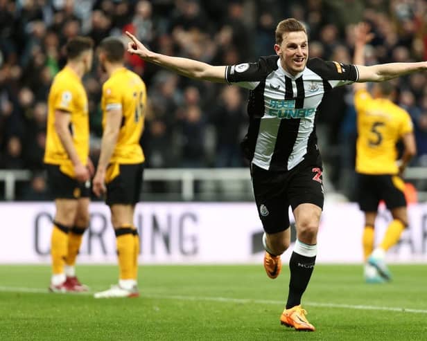 Chris Wood of Newcastle United celebrates after scoring a goal which is later disallowed for offside during the Premier League match between Newcastle United and Wolverhampton Wanderers at St. James Park on April 08, 2022 in Newcastle upon Tyne, England. (Photo by Naomi Baker/Getty Images)
