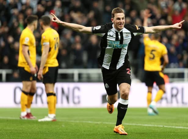 Chris Wood of Newcastle United celebrates after scoring a goal which is later disallowed for offside during the Premier League match between Newcastle United and Wolverhampton Wanderers at St. James Park on April 08, 2022 in Newcastle upon Tyne, England. (Photo by Naomi Baker/Getty Images)
