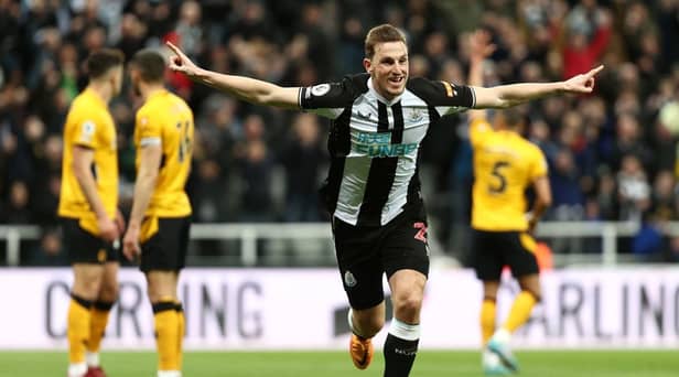 Chris Wood of Newcastle United celebrates after scoring a goal which is later disallowed for offside during the Premier League match between Newcastle United and Wolverhampton Wanderers at St. James Park on April 08, 2022 in Newcastle upon Tyne, England. (Photo by Naomi Baker/Getty Images)