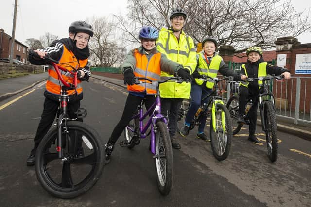 South Tyneside Council’s Bikeability Instructor Linda Higgins with Lord Blyton Primary School pupils Ellis, Lily, Leighton and Freddie.