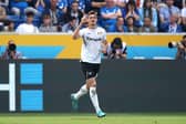 Patrik Schick of Bayer 04 Leverkusen celebrates after scoring their team's first goal during the Bundesliga match between TSG Hoffenheim and Bayer 04 Leverkusen at PreZero-Arena on May 07, 2022 in Sinsheim, Germany. (Photo by Alex Grimm/Getty Images)