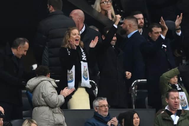 Newcastle director Amanda Staveley (c celebrates as Newcastle record their first win of the season during the Premier League match between Newcastle United and Burnley at St. James Park on December 04, 2021 in Newcastle upon Tyne, England. (Photo by Stu Forster/Getty Images)