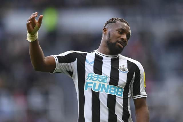 Newcastle player Allan Saint-Maximin reacts dejectedly during the friendly match between Newcastle United and Rayo Vallecano  at St James' Park on December 17, 2022 in Newcastle upon Tyne, England. (Photo by Stu Forster/Getty Images)