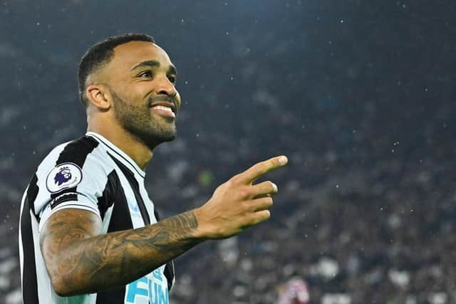 Newcastle United striker Callum Wilson celebrates after scoring his team's third goal against West Ham United.