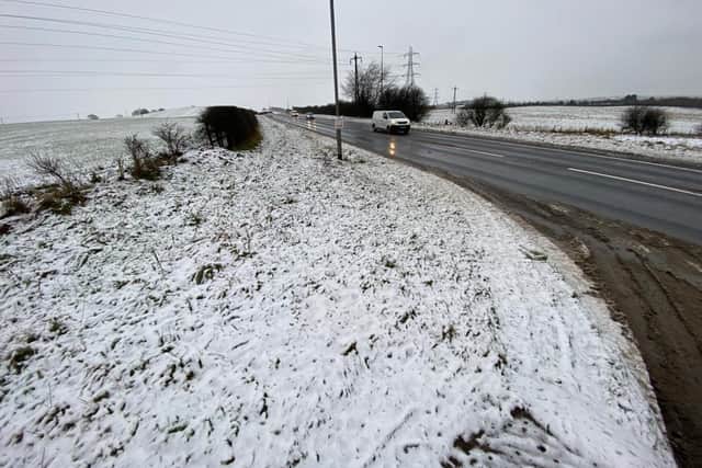 Snow on the A179 at Hart Village heading towards the A19.