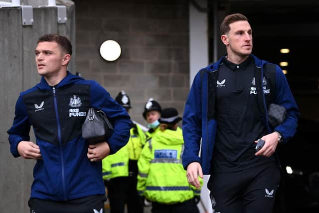 Kieran Trippier and Chris Wood of Newcastle United arrive at the stadium prior to the Premier League match between Newcastle United and Watford at St. James Park on January 15, 2022 in Newcastle upon Tyne, England. (Photo by Stu Forster/Getty Images)