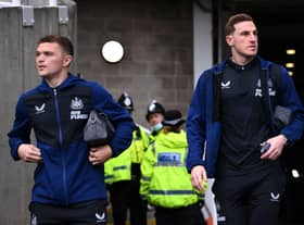 Kieran Trippier and Chris Wood of Newcastle United arrive at the stadium prior to the Premier League match between Newcastle United and Watford at St. James Park on January 15, 2022 in Newcastle upon Tyne, England. (Photo by Stu Forster/Getty Images)