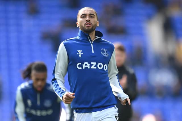 LIVERPOOL, ENGLAND - APRIL 09: Dominic Calvert-Lewin of Everton warms up prior to the Premier League match between Everton and Manchester United at Goodison Park on April 09, 2022 in Liverpool, England. (Photo by Michael Regan/Getty Images)
