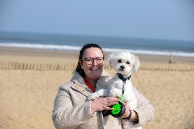 Out and about at Sandhaven Beach. Mary Brunton with dog Max.