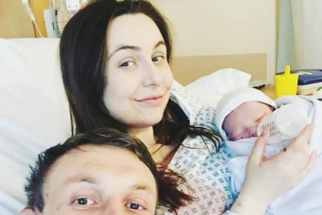 A newborn Rome with mum Vanessa Hutchinson and dad Nathan Carr.