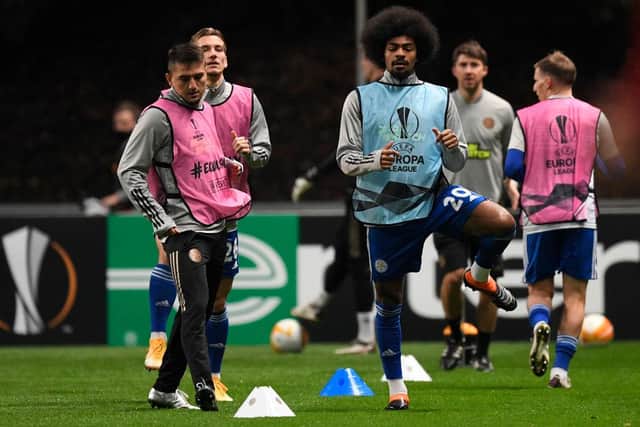 BRAGA, PORTUGAL - NOVEMBER 26: Hamza Choudhury of Leicester City warms up ahead of the UEFA Europa League Group G stage match between SC Braga and Leicester City at Estadio Municipal de Braga on November 26, 2020 in Braga, Portugal.
