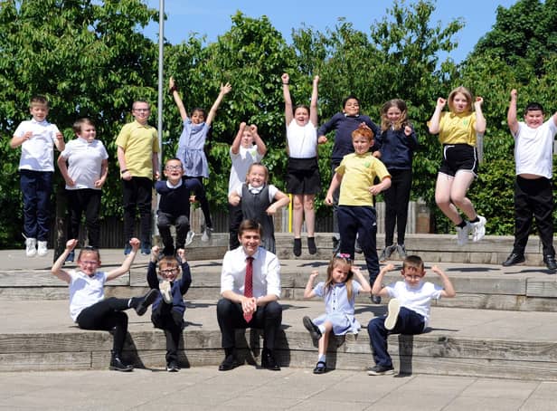 Children from Stanhope Primary School, in South Shields, who were named winners of #ActiveTravelChallenge competition, with Councillor Adam Ellison (centre).