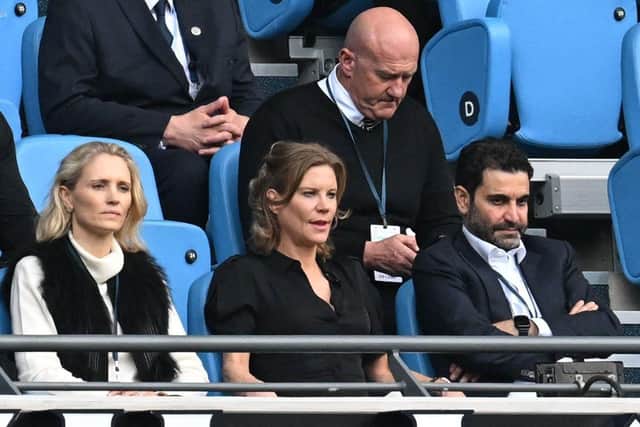 Newcastle United's English minority owner Amanda Staveley (C) and her husband Mehrdad Ghodoussi react during the English Premier League football match between Manchester City and Newcastle United at the Etihad Stadium in Manchester, north west England, on May 8, 2022. (Photo by PAUL ELLIS/AFP via Getty Images)