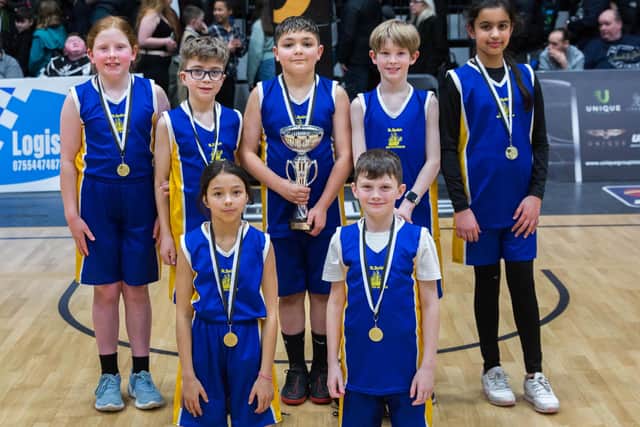 The winning team. St Bede’s RC Primary School won the 2022 South Tyneside Hoops4Health trophy and are now through to the regional finals.