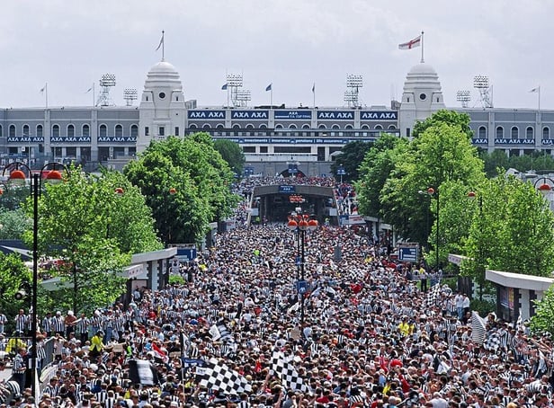 Newcastle United fans make their way up Wembley Way before the 1999 FA Cup Final against Manchester United  (Photo by Tom Shaw/Allsport/Getty Images)