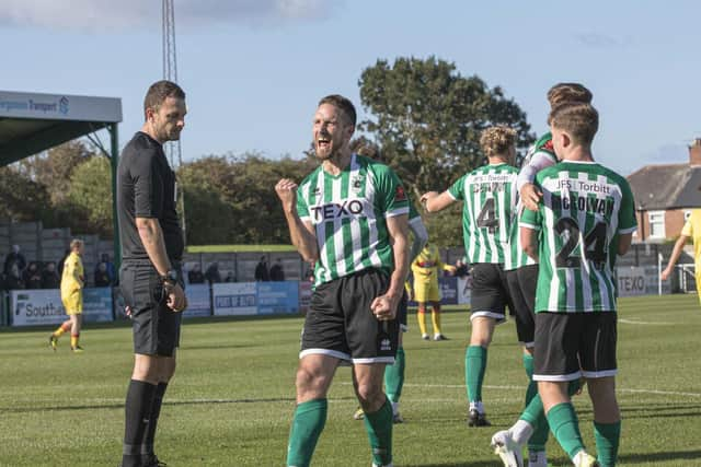 Jon Shaw celebrates after scoring against Bishop's Stortford. Picture: Paul Scott