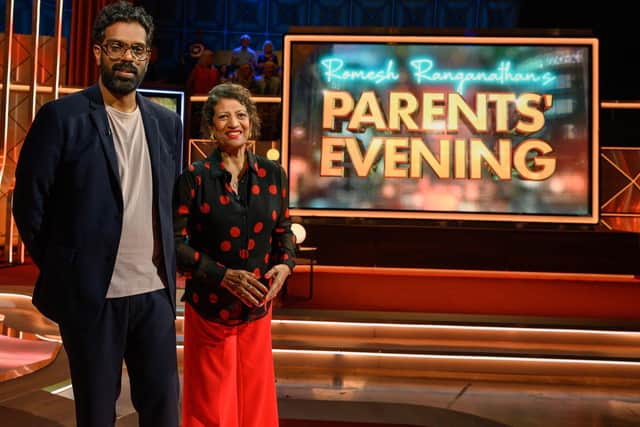 Romesh Ranganathan and mum Shanthi are the hosts of ITV's new Saturday night gameshow Romesh Ranganathan's Parents' Evening (Picture: ITV/Ranga Bee)