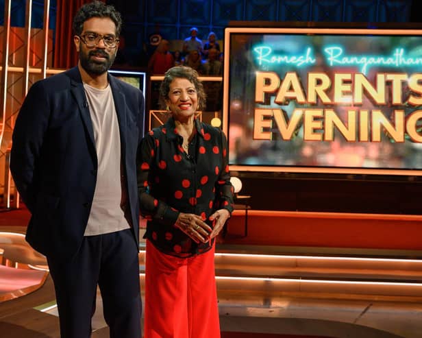 Romesh Ranganathan and mum Shanthi are the hosts of ITV's new Saturday night gameshow Romesh Ranganathan's Parents' Evening (Picture: ITV/Ranga Bee)