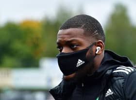 PERTH, SCOTLAND - OCTOBER 04: Olivier Ntcham of Celtic arrives at the stadium prior to the Ladbrokes Scottish Premiership match between St. Johnstone and Celtic at McDiarmid Park on October 04, 2020 in Perth, Scotland. Football Stadiums around Europe remain empty due to the Coronavirus Pandemic as Government social distancing laws prohibit fans inside venues resulting in fixtures being played behind closed doors. (Photo by Mark Runnacles/Getty Images)