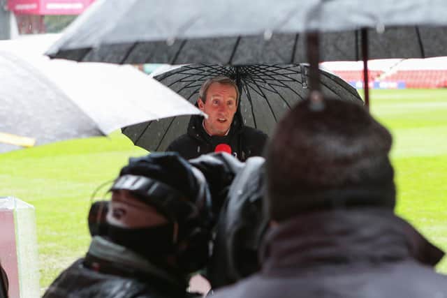 Lee Bowyer, manager of Charlton Athletic, gives an interview after the match gets called off due to the bad weather during the Sky Bet League One match between Charlton Athletic and Portsmouth at The Valley on January 30, 2021.