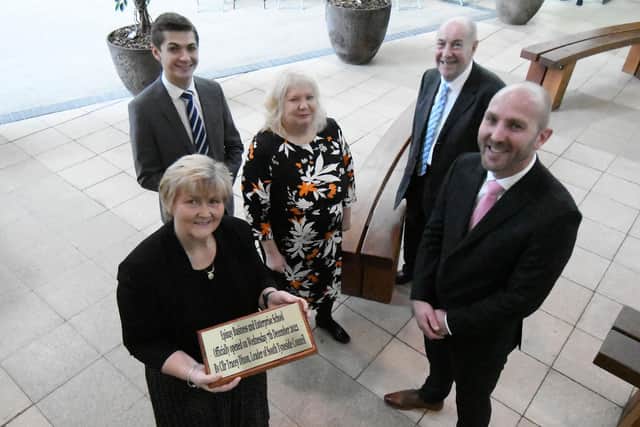 Councillor Tracey Dixon, leader of South Tyneside Council holds the opening plaque as (left to right) Adam Ellison (cabinet member for children, young people and families South Tyneside Council) Audrey Whitelaw (chair of governors) Robert Whitelaw (vice Chair of  governors) and Chris Rue Headteacher. Photographed after the official opening of the Epinay Business and Enterprise School, South Shields. Picture by FRANK REID