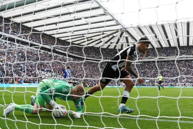 Bruno Guimaraes of Newcastle United celebrates after scoring their team's second goal past Kasper Schmeichel of Leicester City during the Premier League match between Newcastle United and Leicester City at St. James Park on April 17, 2022 in Newcastle upon Tyne, England. (Photo by Stu Forster/Getty Images)