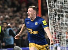 Newcastle United's English midfielder Elliot Anderson celebrates after scoring Newcastle's second goal but it is disallowed soon after during the English Premier League football match between Nottingham Forest and Newcastle United at The City Ground in Nottingham, central England, on March 17, 2023. (Photo by Oli SCARFF / AFP)