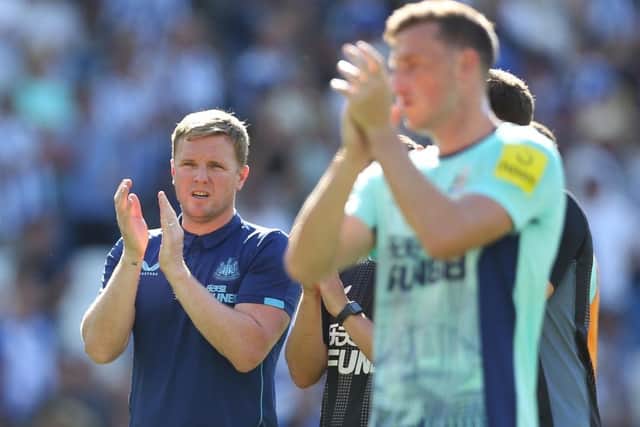 Eddie Howe, Manager of Newcastle United applauds the fans after the Premier League match between Brighton & Hove Albion and Newcastle United at American Express Community Stadium on August 13, 2022 in Brighton, England. (Photo by Steve Bardens/Getty Images)